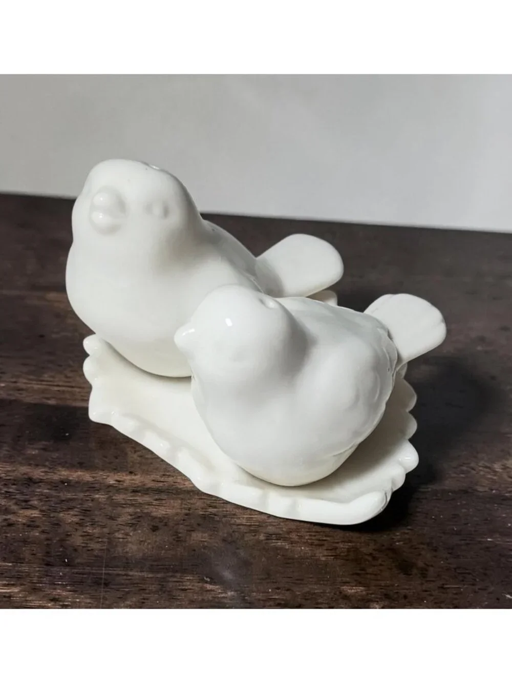 Vintage Bird on Leaf Salt and Pepper Shakers Porcelain White Cottage